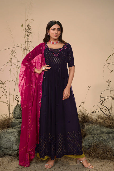 Purple Georgette Embroidered Work Kurta Palazzo Dupatta Set ClothsVilla.com Main image