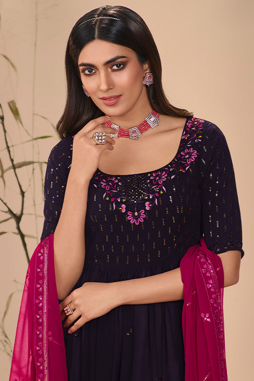 Purple Georgette Embroidered Work Kurta Palazzo Dupatta Set ClothsVilla.com