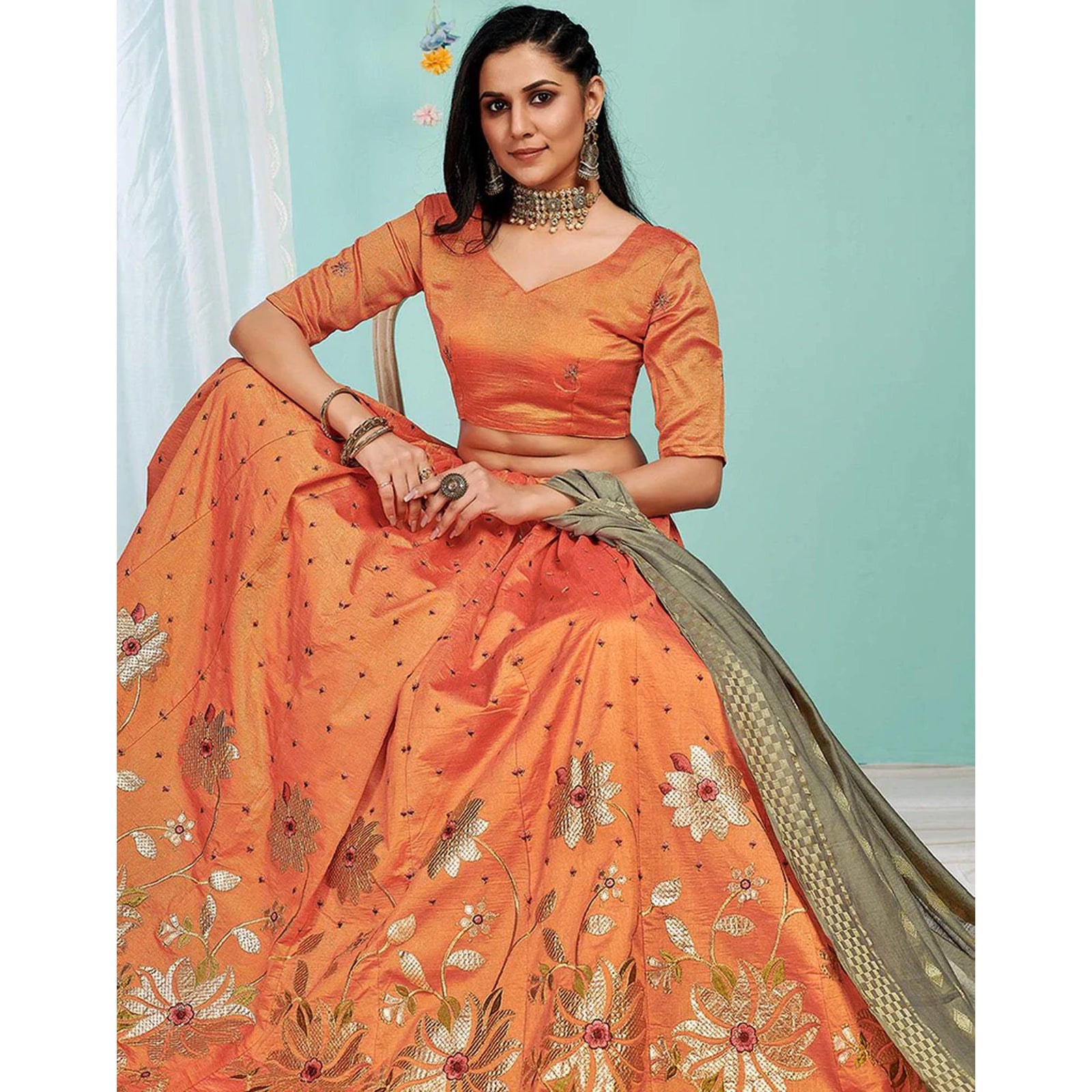 Sunrise Orange Gota Patti and Zari Stich Without can can work Lehenga choli ClothsVilla