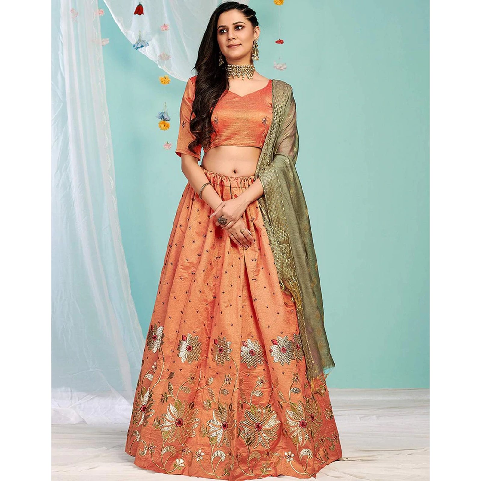 Sunrise Orange Gota Patti and Zari Stich Without can can work Lehenga choli ClothsVilla