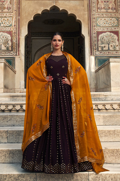 Georgette Thread & Sequence Embroidered Work Gown ClothsVilla.com