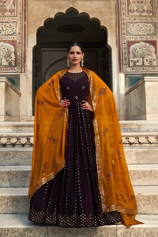 Georgette Thread & Sequence Embroidered Work Gown ClothsVilla.com