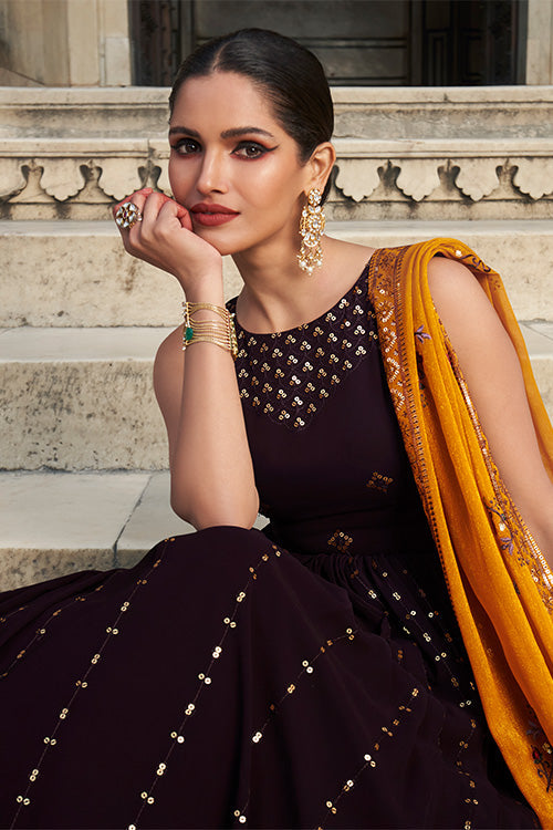 Georgette Thread & Sequence Embroidered Work Gown ClothsVilla.com