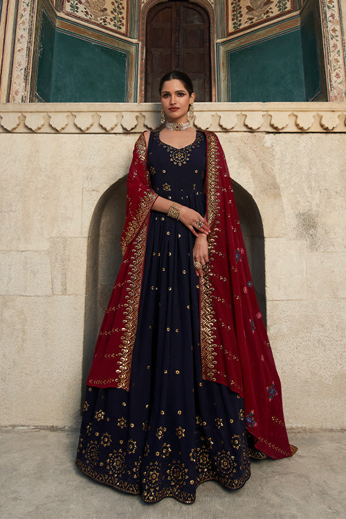 Georgette Thread & Sequence Embroidered Work Gown ClothsVilla.com