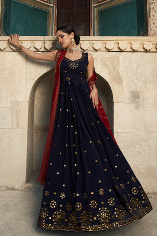 Georgette Thread & Sequence Embroidered Work Gown ClothsVilla.com