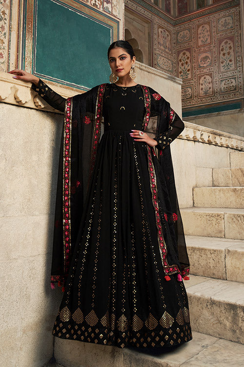 Georgette Thread & Sequence Embroidered Work Gown ClothsVilla.com