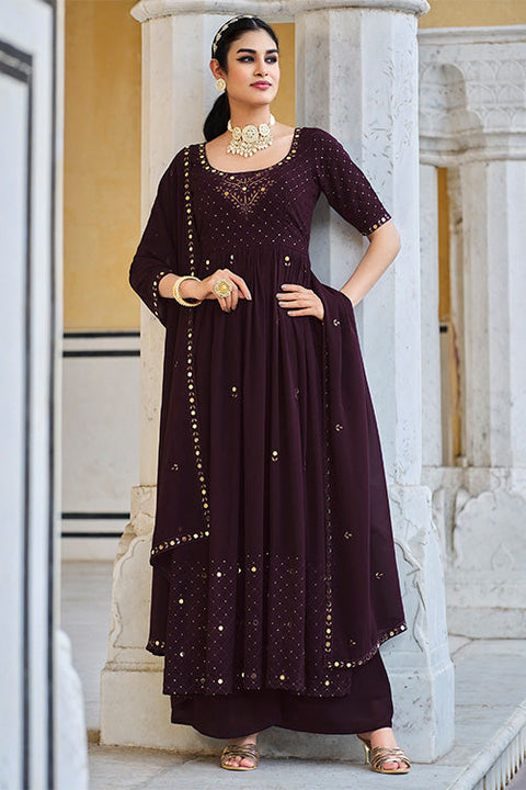 Purple Georgette Embroidered Work Kurta Palazzo Dupatta Set ClothsVilla.com Main image