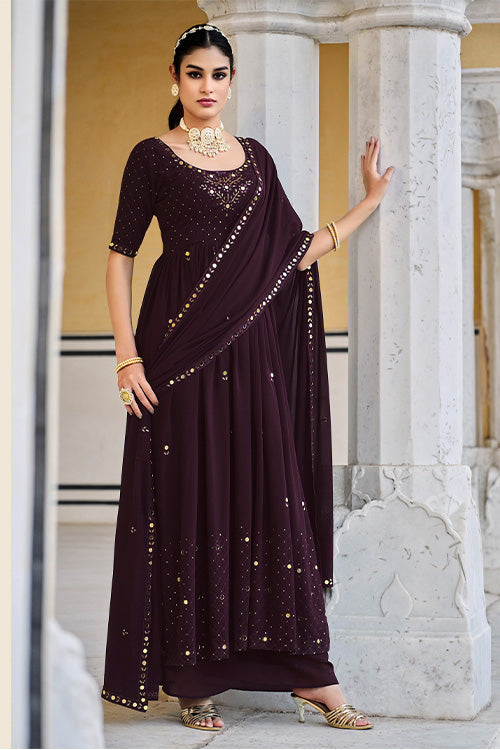 Purple Georgette Embroidered Work Kurta Palazzo Dupatta Set ClothsVilla.com