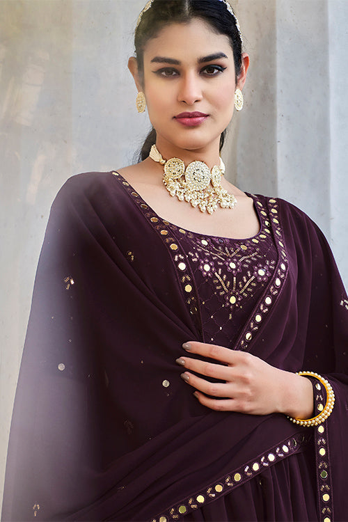 Purple Georgette Embroidered Work Kurta Palazzo Dupatta Set ClothsVilla.com