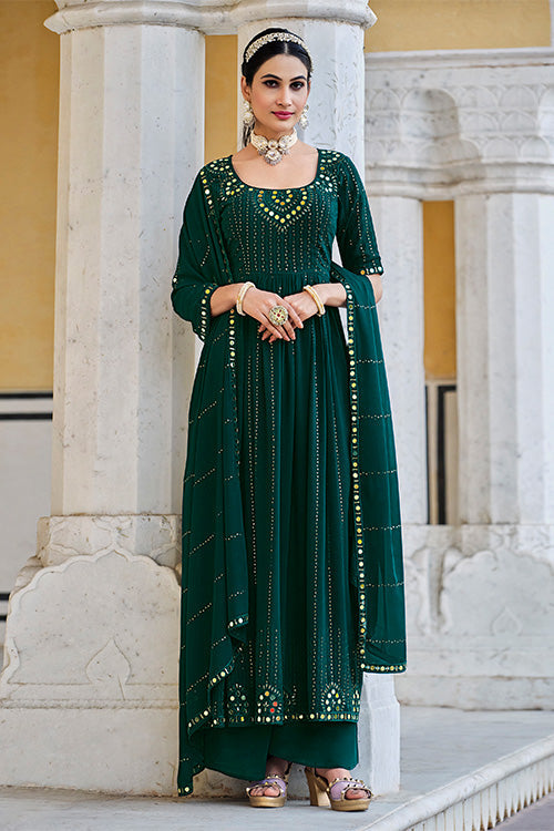 Green Georgette Embroidered Work Kurta Palazzo Dupatta Set ClothsVilla.com