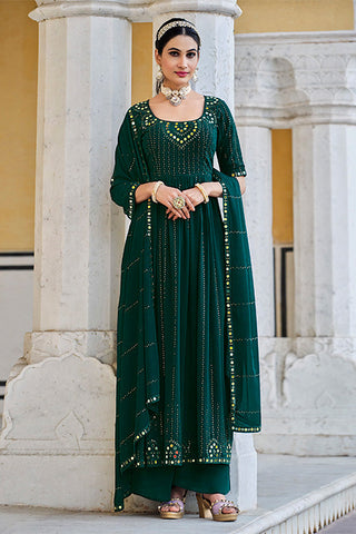 Green Georgette Embroidered Work Kurta Palazzo Dupatta Set ClothsVilla.com