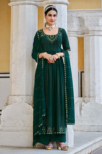 Green Georgette Embroidered Work Kurta Palazzo Dupatta Set ClothsVilla.com