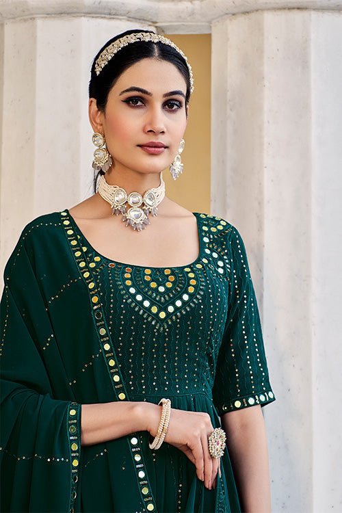 Green Georgette Embroidered Work Kurta Palazzo Dupatta Set ClothsVilla.com