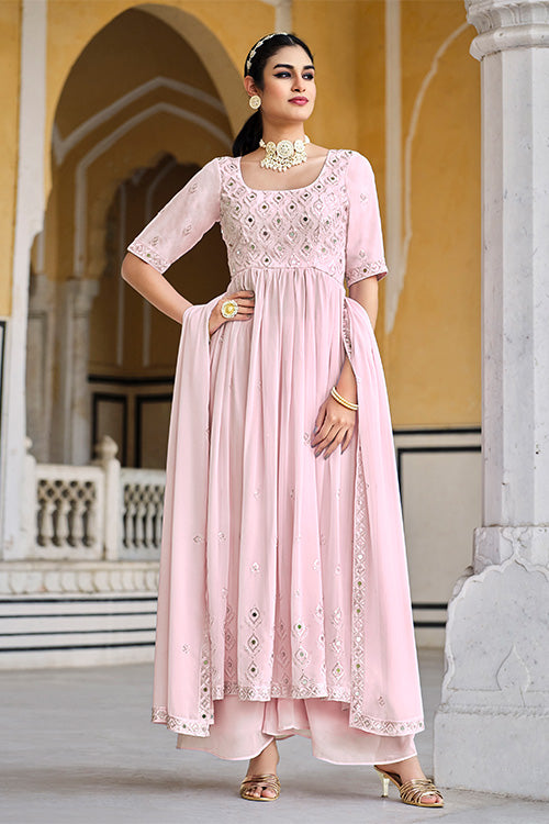 Pink Georgette Embroidered Work Kurta Palazzo Dupatta Set ClothsVilla.com