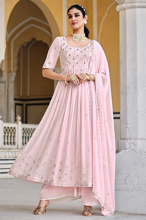 Pink Georgette Embroidered Work Kurta Palazzo Dupatta Set ClothsVilla.com