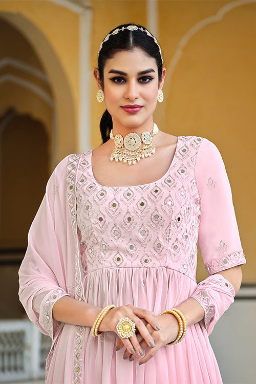 Pink Georgette Embroidered Work Kurta Palazzo Dupatta Set ClothsVilla.com