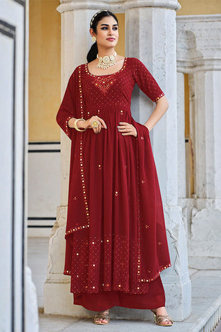 Red Georgette Embroidered Work Kurta Palazzo Dupatta Set ClothsVilla.com