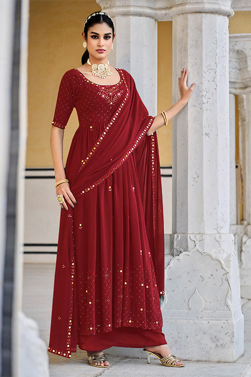 Red Georgette Embroidered Work Kurta Palazzo Dupatta Set ClothsVilla.com