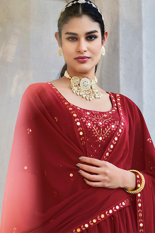 Red Georgette Embroidered Work Kurta Palazzo Dupatta Set ClothsVilla.com