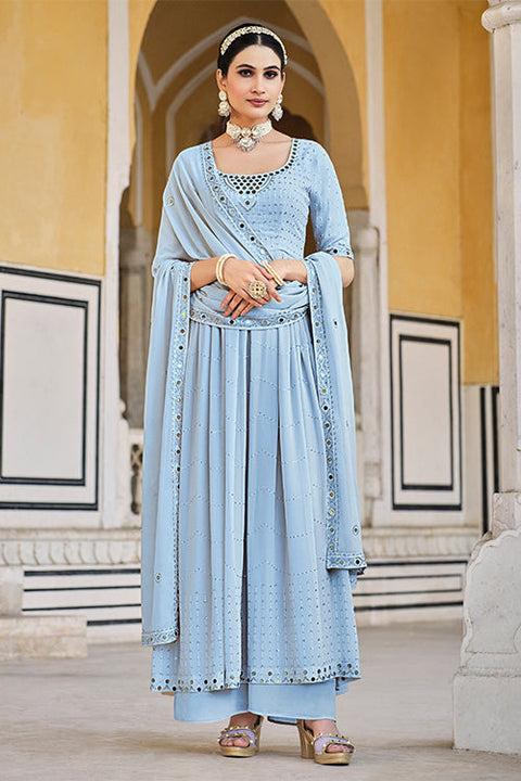 Sky Georgette Embroidered Work Kurta Palazzo Dupatta Set ClothsVilla.com Main image