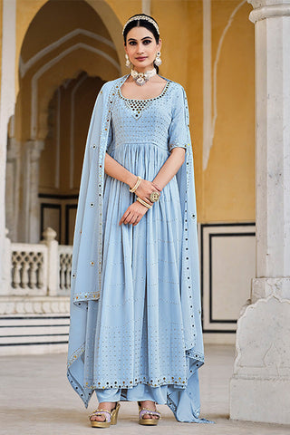 Sky Georgette Embroidered Work Kurta Palazzo Dupatta Set ClothsVilla.com