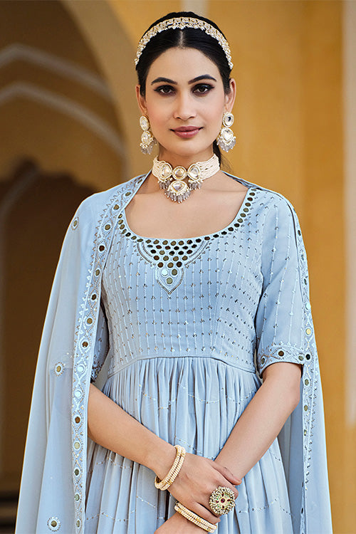 Sky Georgette Embroidered Work Kurta Palazzo Dupatta Set ClothsVilla.com