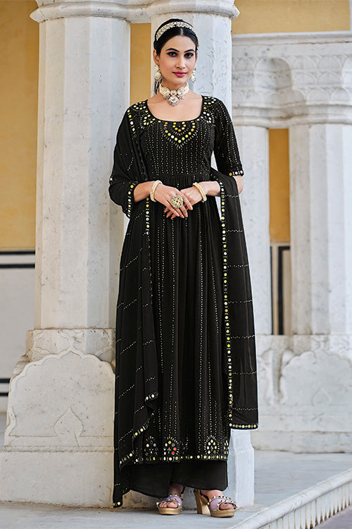Black Georgette Embroidered Work Kurta Palazzo Dupatta Set ClothsVilla.com