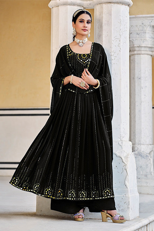 Black Georgette Embroidered Work Kurta Palazzo Dupatta Set ClothsVilla.com