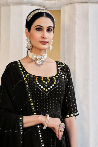 Black Georgette Embroidered Work Kurta Palazzo Dupatta Set ClothsVilla.com
