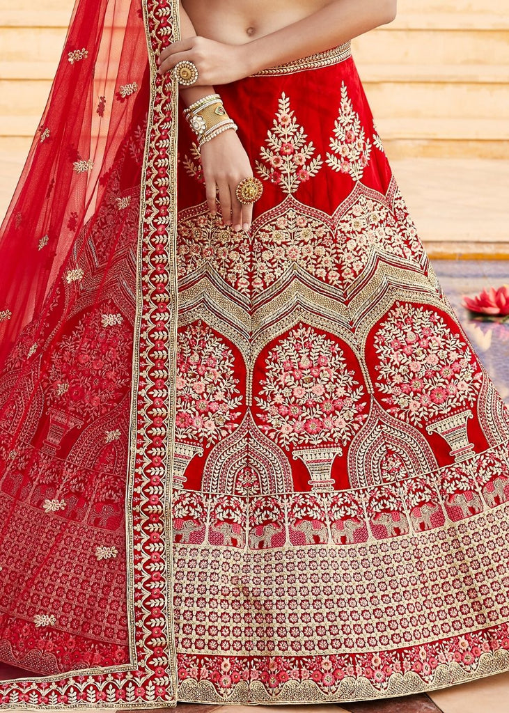 Crimson Red Velvet  Bridal Lehenga Choli with Embroidery & Hand work Clothsvilla