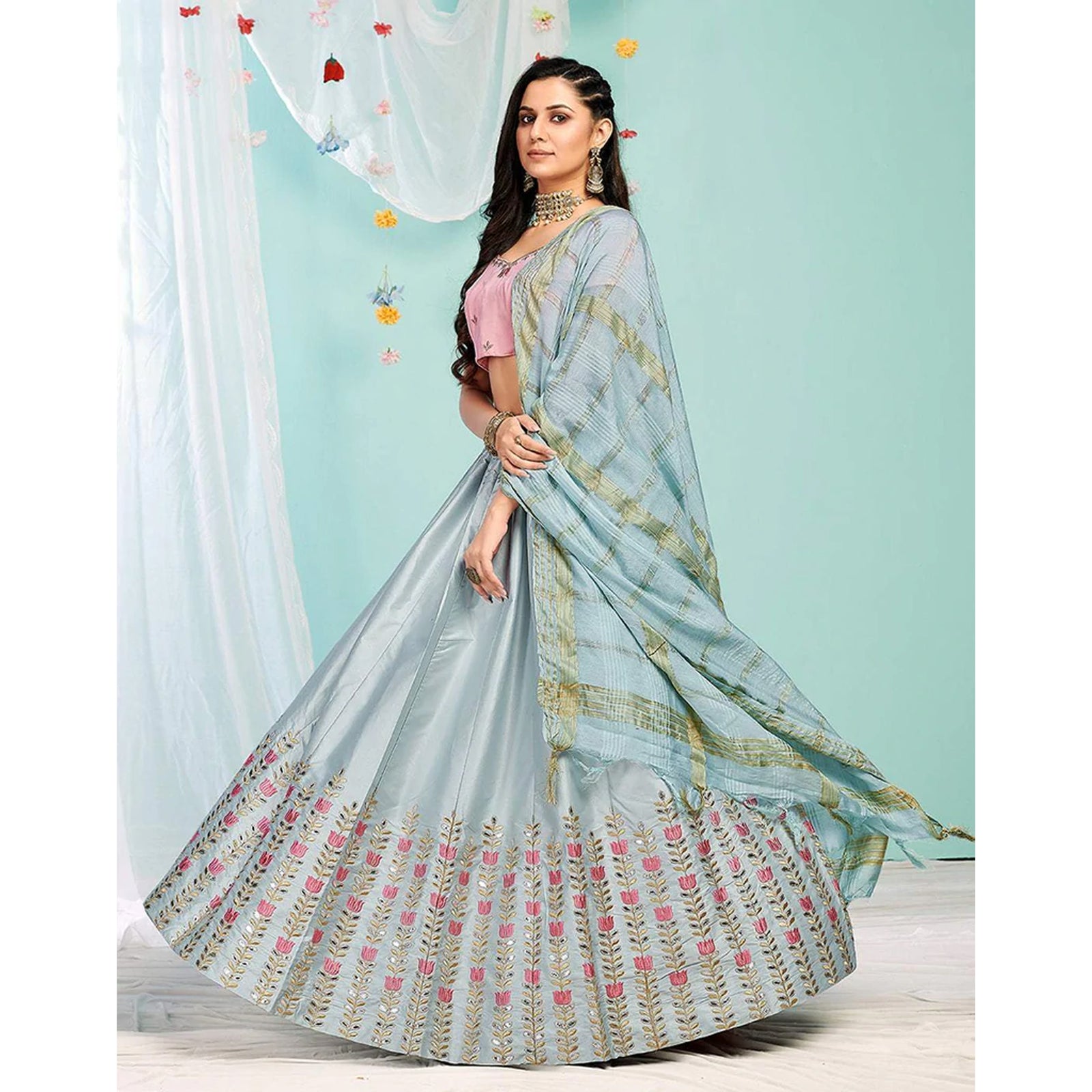 Pastel Grey Gota Patti and Zari Stich Without can can work Lehenga choli ClothsVilla