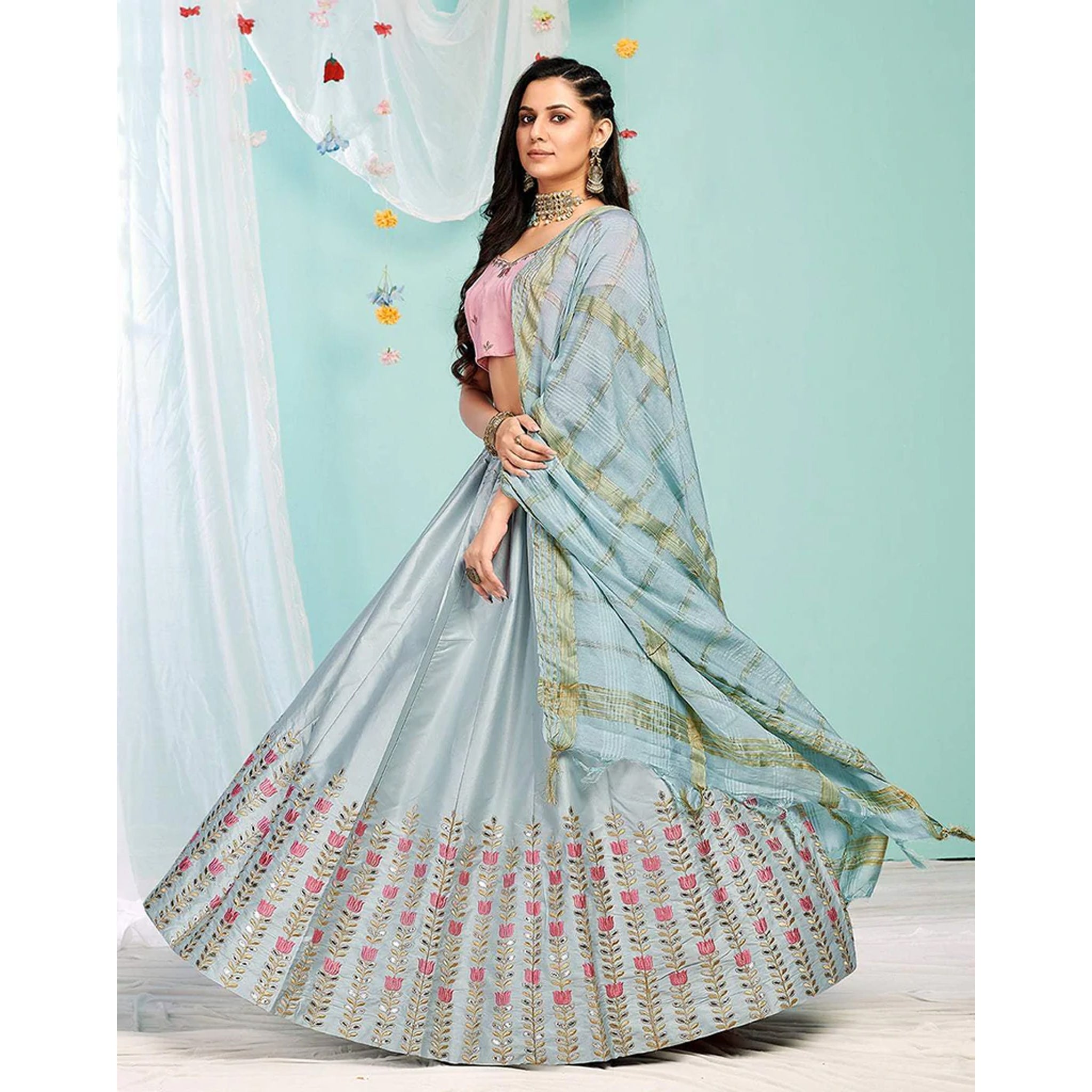 Pastel Grey Gota Patti and Zari Stich Without can can work Lehenga choli ClothsVilla