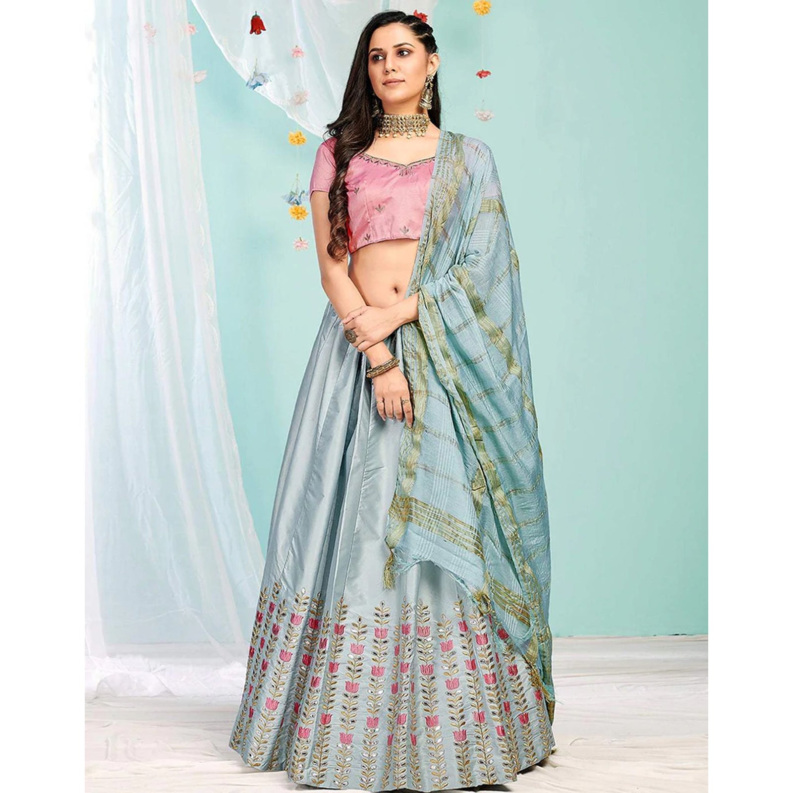 Pastel Grey Gota Patti and Zari Stich Without can can work Lehenga choli ClothsVilla