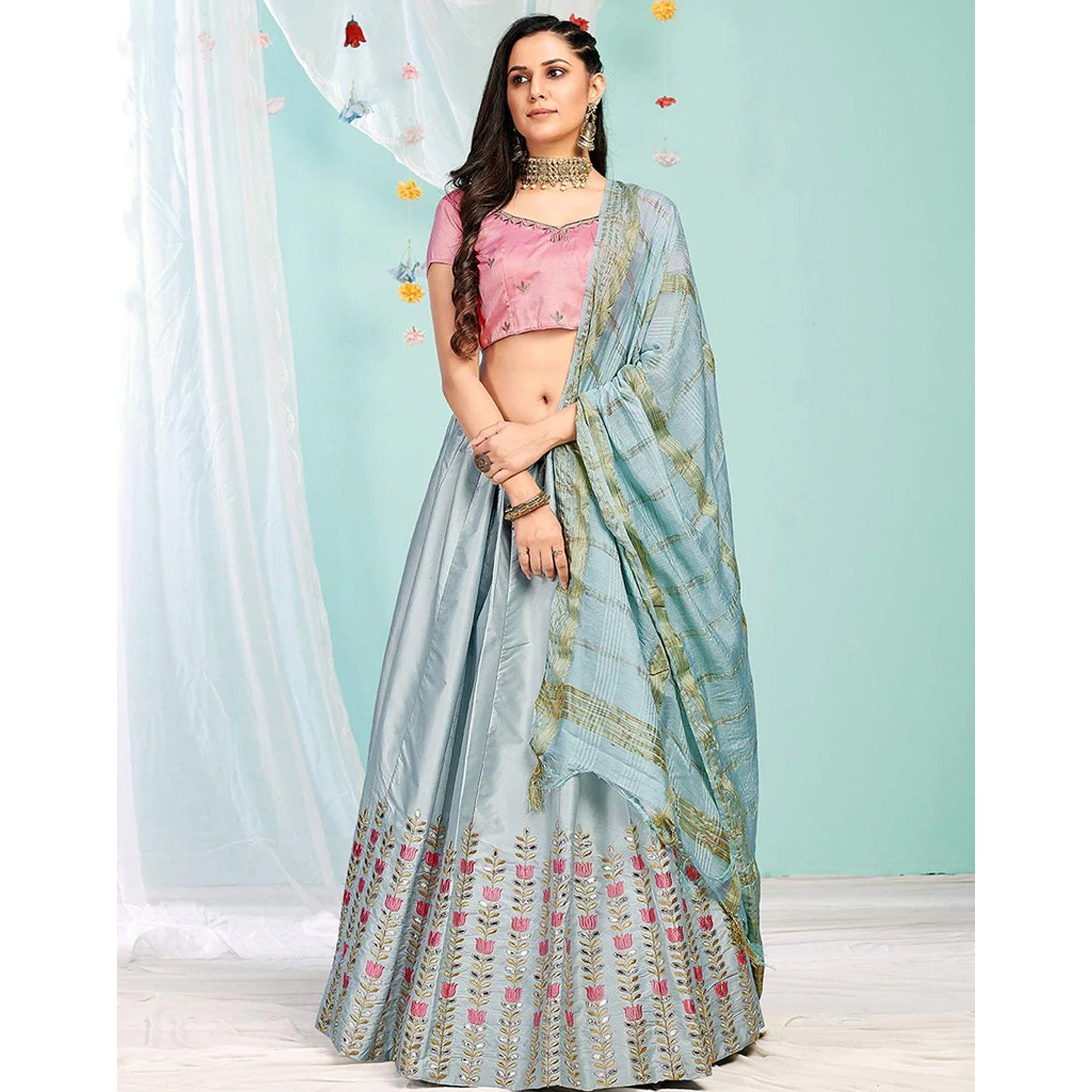 Pastel Grey Gota Patti and Zari Stich Without can can work Lehenga choli ClothsVilla