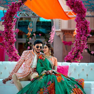 Graceful Green-Orange Sabyasachi Designer Digital Printed Lehenga Choli ClothsVilla