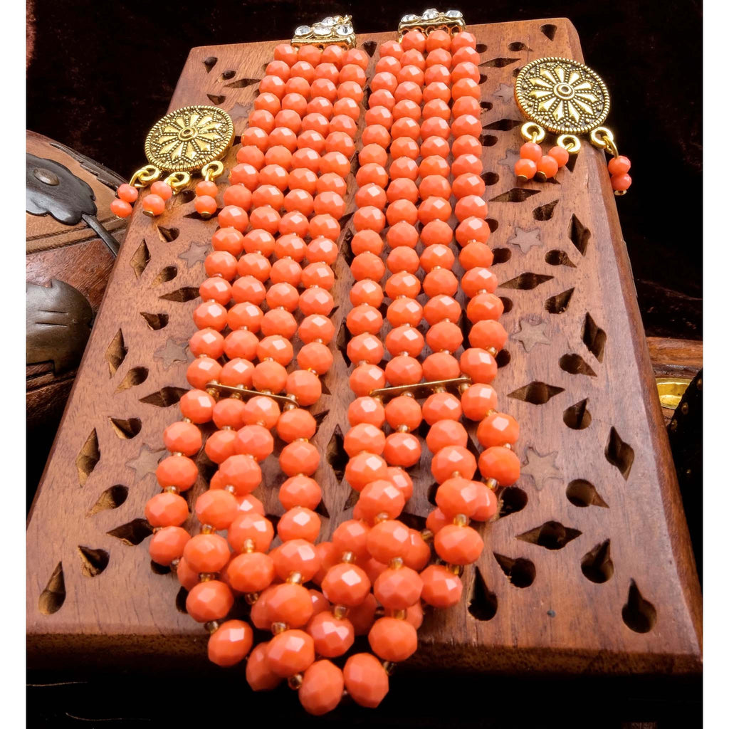 4 Layer orange pearl Necklace Alloy Gold-plated Jewel Set ClothsVilla