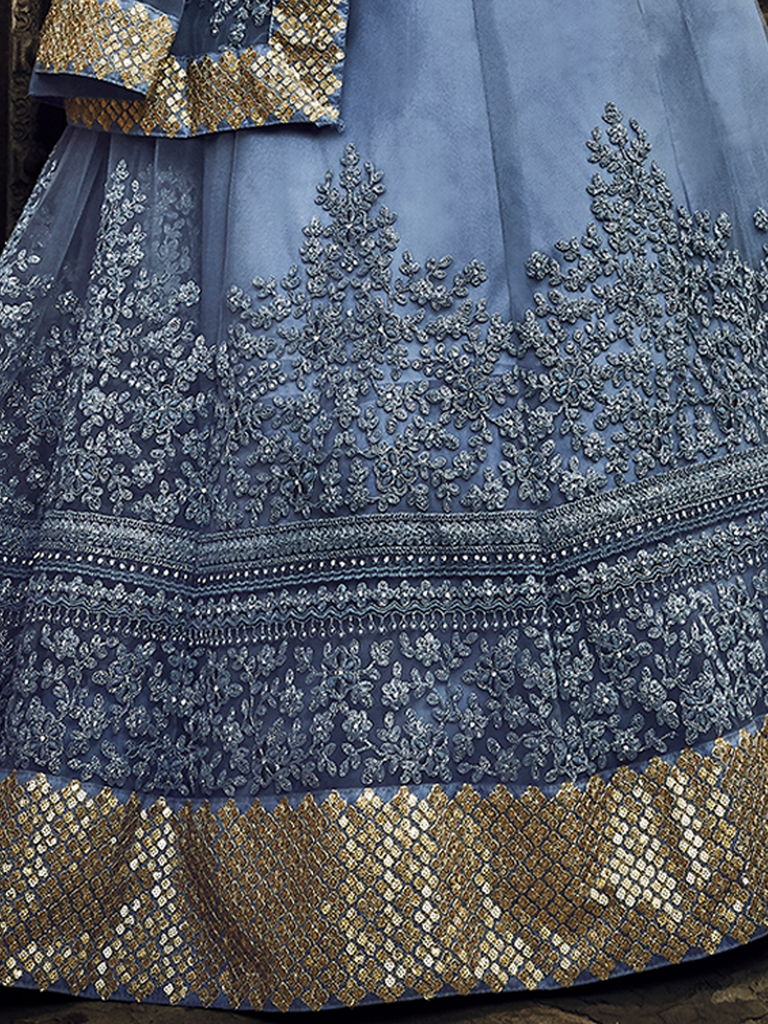 Grey Embroidered Soft Net Semi Stitched Lehenga With Unstitched Blouse Clothsvilla