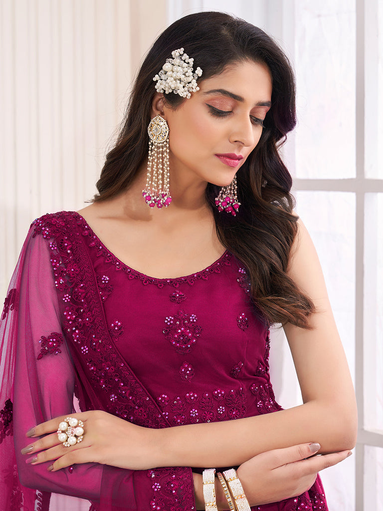 Magenta Soft Net Embroidered Semi Stitched Lehenga Choli Clothsvilla