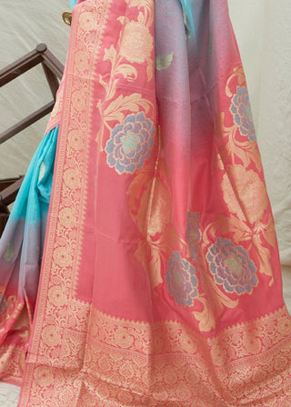 Pink and Blue Handloom Weaving Silk Saree Clothsvilla