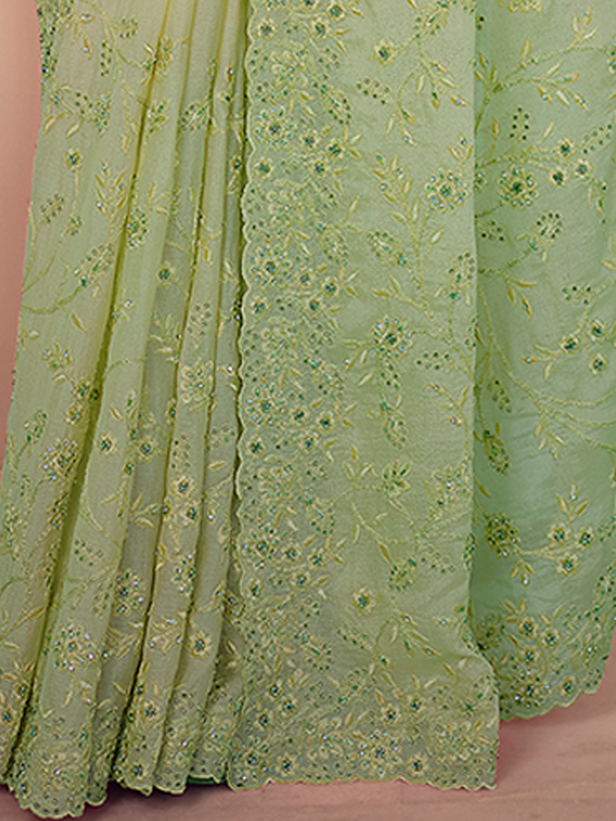 Green Chiffon Saree With Unstitched Blouse Clothsvilla