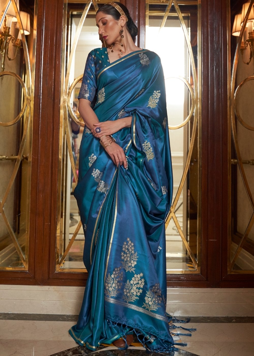 Regal Blue Designer Satin Silk Saree Clothsvilla
