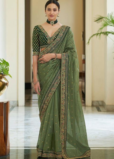 Olive Green Organza Saree with Dori, Sequins & Zari work : Top Pick Clothsvilla Main image