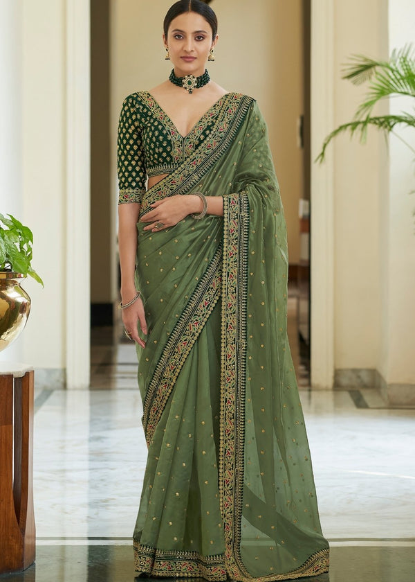 Olive Green Organza Saree with Dori, Sequins & Zari work : Top Pick Clothsvilla