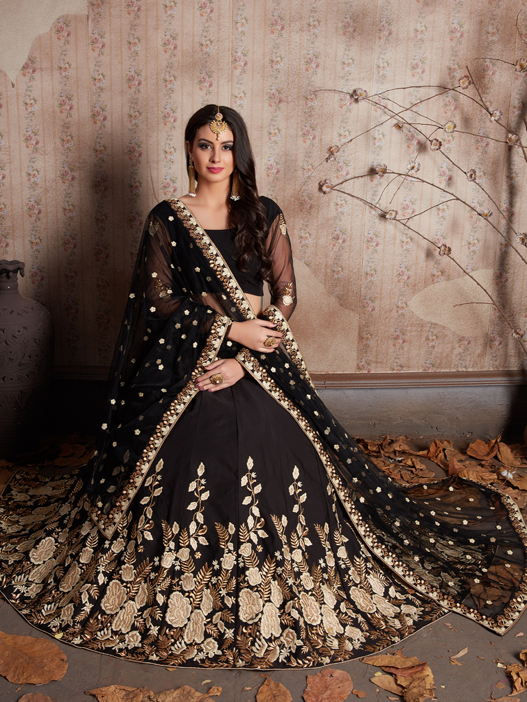 Black Embroidered Semi Stitched Lehenga With Unstitched Blouse Clothsvilla