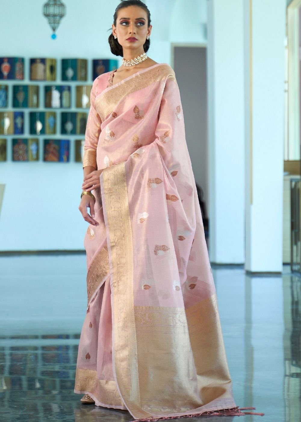 Lavender Pink Zari Woven Organza Silk Saree Clothsvilla Main image