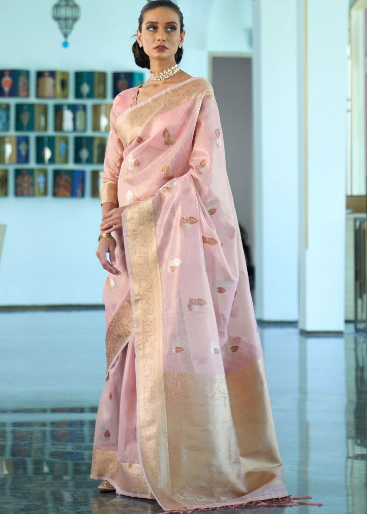 Lavender Pink Zari Woven Organza Silk Saree Clothsvilla