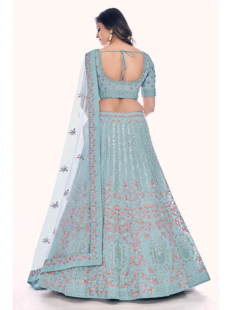 Firozi Soft Net Embroidered Designer Lehenga Choli Clothsvilla