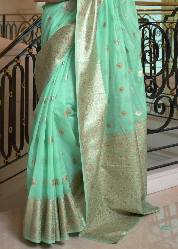 Mint Green Banarasi-Chanderi Fusion Woven Silk Saree Clothsvilla