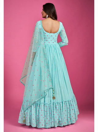 Blue Chinon Silk Embroidered Gown Clothsvilla