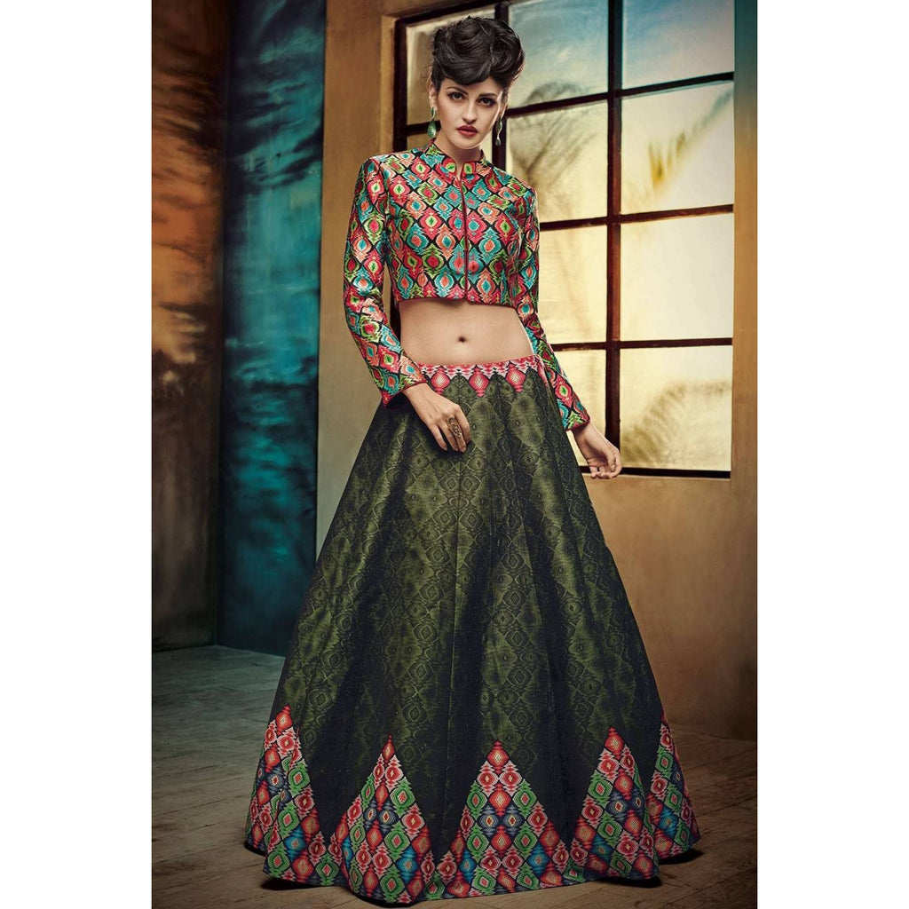 Olive Green Lehenga with Multicolor Blouse Partywear Silk ClothsVilla